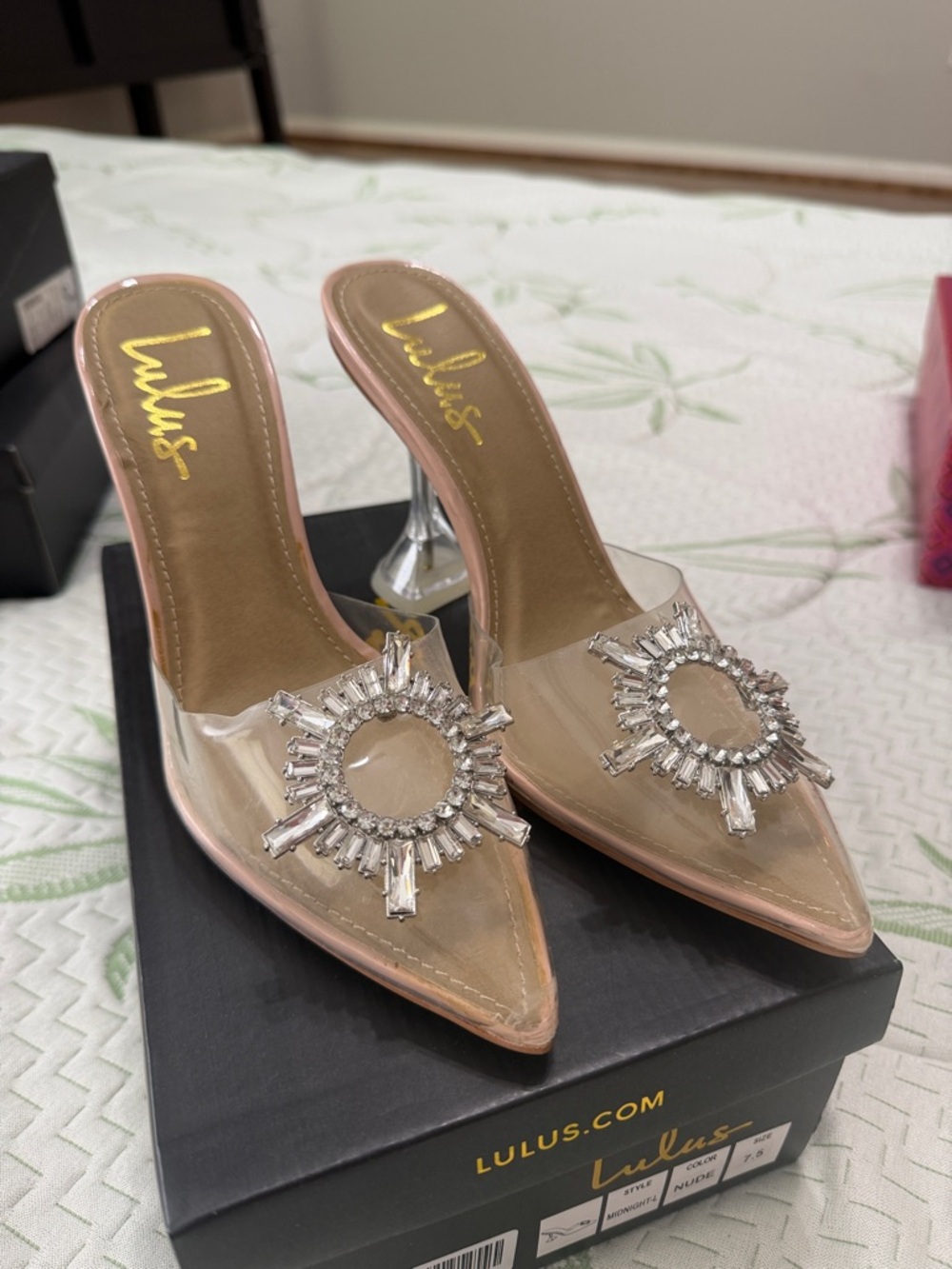 Lulu's Clear Pointed Mule Heels with Crystal Sunburst Accent
